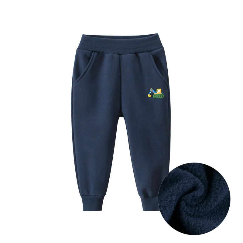 Children Trousers for Boys 2024 Autumn Winter Fleece Thickening Truck Cartoon Blue Grey Sport Casual Long Pants for 1-9 Years