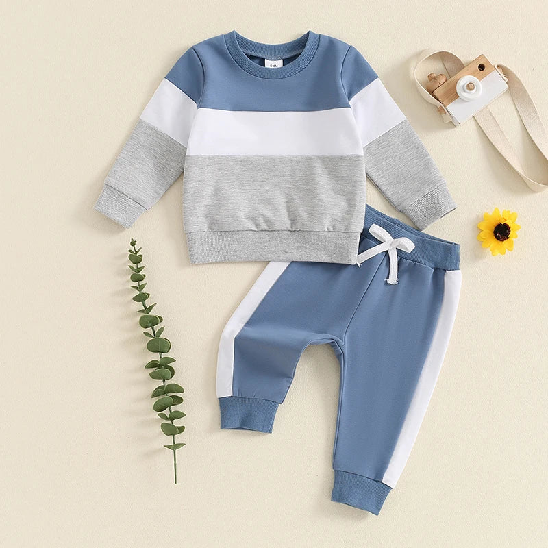 2024-05-27 Lioraitiin Toddler Boy Pants Set Long Sleeve Round Neck Sweatshirt Drawstring Long Pants Contrast Color Outfits