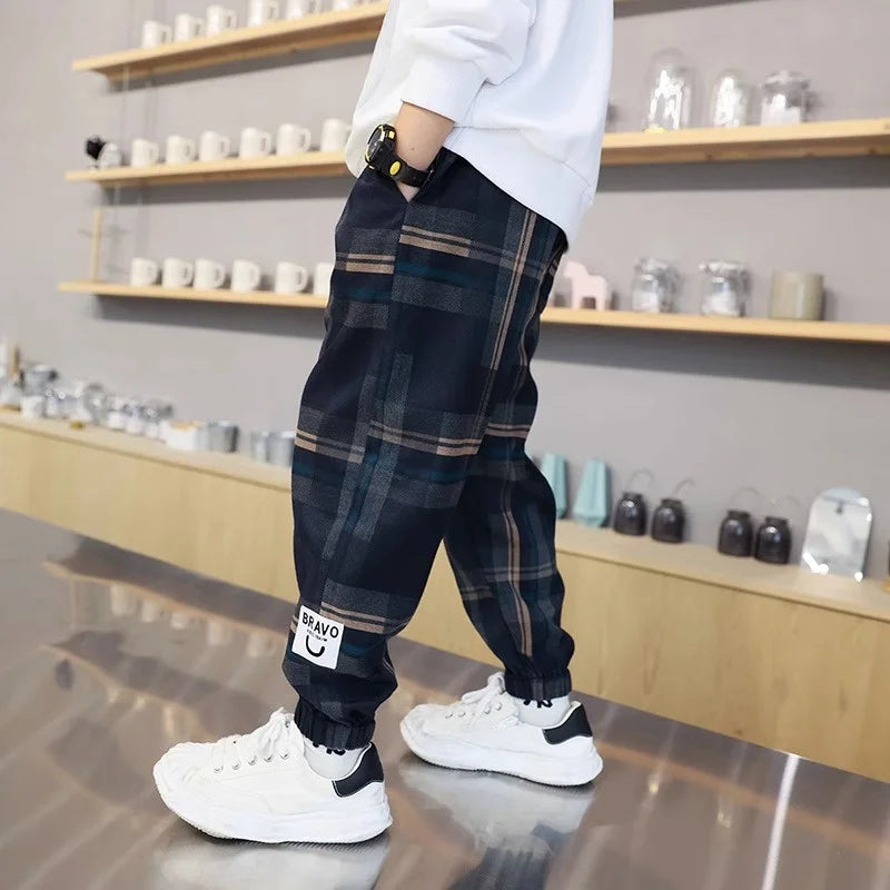 Boys Casual Plaid Pants Spring Autumn Girls Drawstring Kids Trend Trousers Fashion Teen Sport Thin Pants 4-12 Years