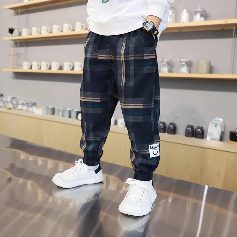 Boys Casual Plaid Pants Spring Autumn Girls Drawstring Kids Trend Trousers Fashion Teen Sport Thin Pants 4-12 Years