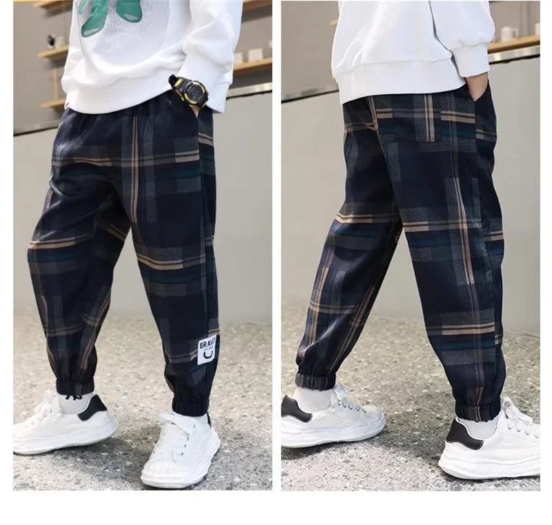 Boys Casual Plaid Pants Spring Autumn Girls Drawstring Kids Trend Trousers Fashion Teen Sport Thin Pants 4-12 Years