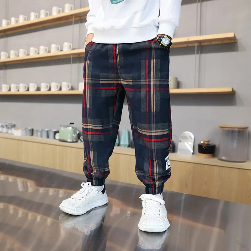 Boys Casual Plaid Pants Spring Autumn Girls Drawstring Kids Trend Trousers Fashion Teen Sport Thin Pants 4-12 Years