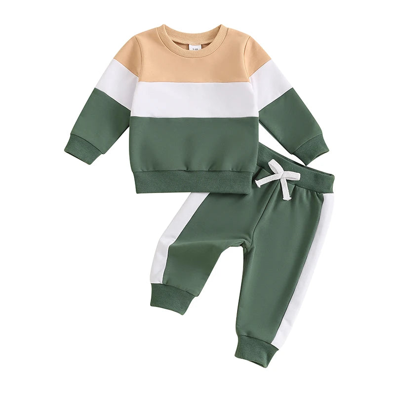 2024-05-27 Lioraitiin Toddler Boy Pants Set Long Sleeve Round Neck Sweatshirt Drawstring Long Pants Contrast Color Outfits