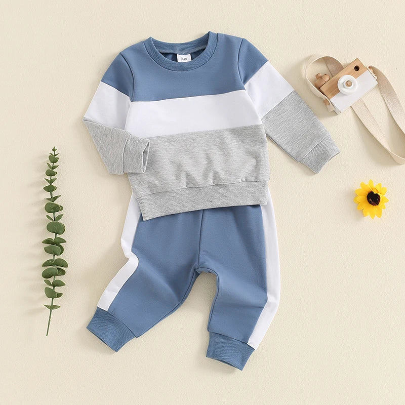 2024-05-27 Lioraitiin Toddler Boy Pants Set Long Sleeve Round Neck Sweatshirt Drawstring Long Pants Contrast Color Outfits