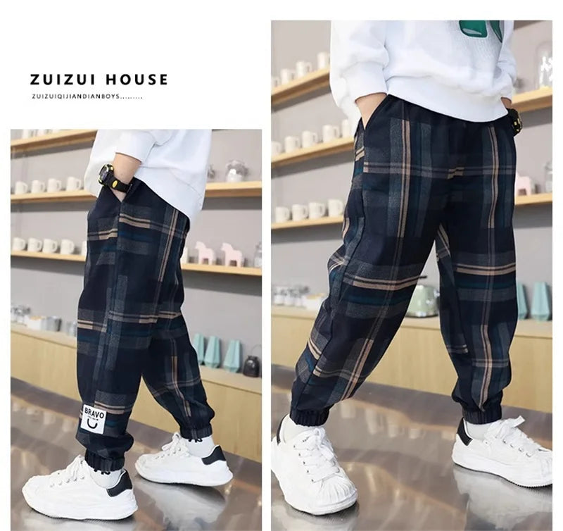 Boys Casual Plaid Pants Spring Autumn Girls Drawstring Kids Trend Trousers Fashion Teen Sport Thin Pants 4-12 Years