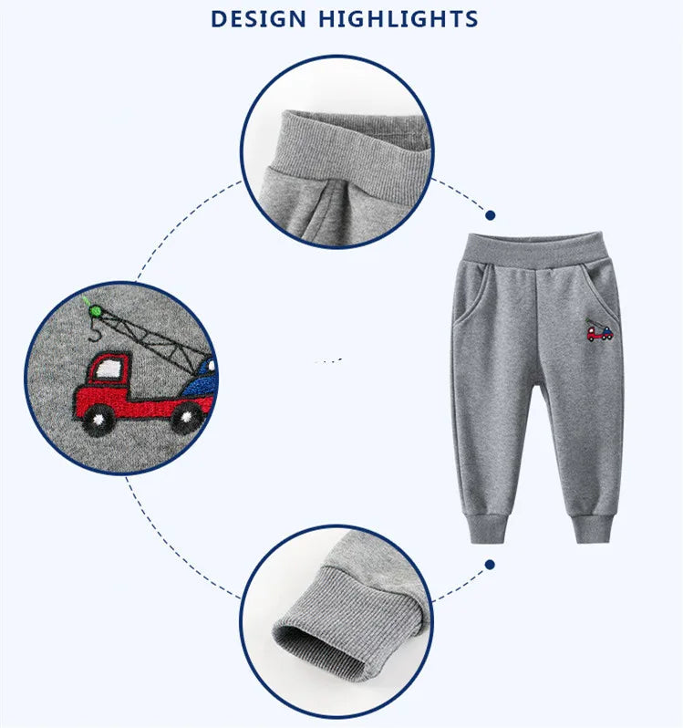 Children Trousers for Boys 2024 Autumn Winter Fleece Thickening Truck Cartoon Blue Grey Sport Casual Long Pants for 1-9 Years