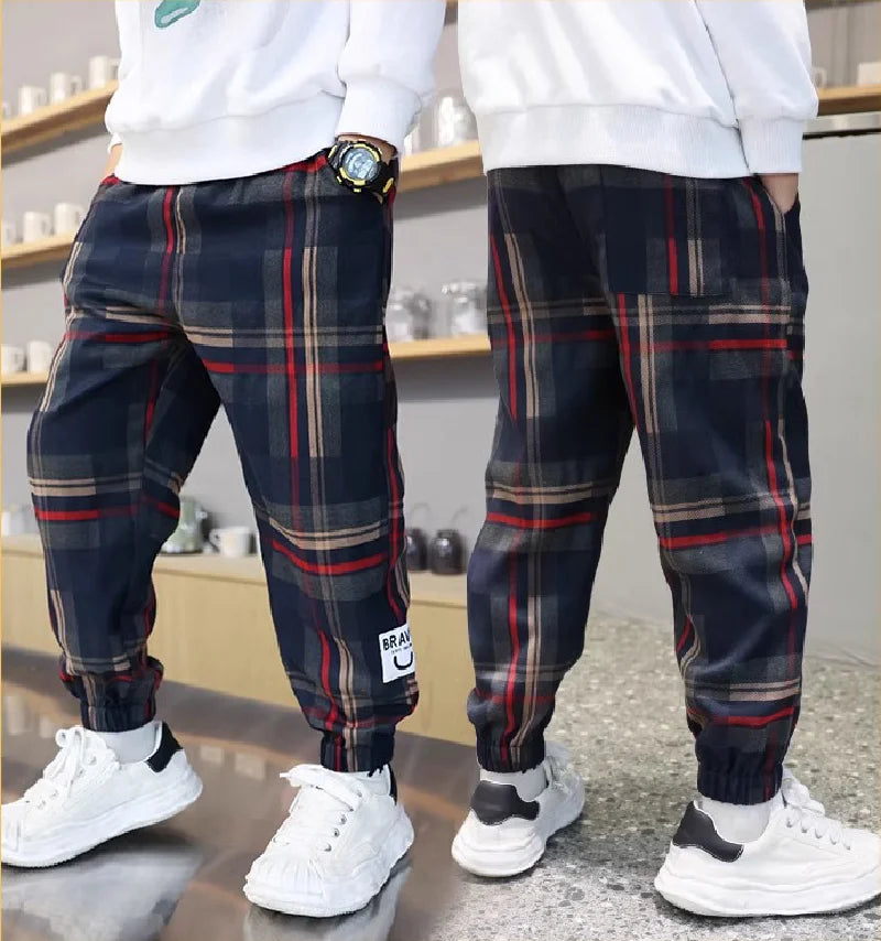 Boys Casual Plaid Pants Spring Autumn Girls Drawstring Kids Trend Trousers Fashion Teen Sport Thin Pants 4-12 Years