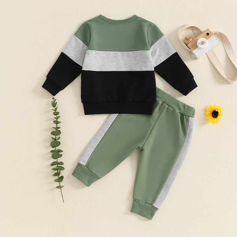 2024-05-27 Lioraitiin Toddler Boy Pants Set Long Sleeve Round Neck Sweatshirt Drawstring Long Pants Contrast Color Outfits