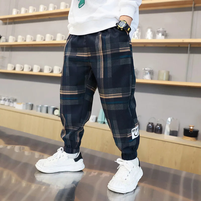 Boys Casual Plaid Pants Spring Autumn Girls Drawstring Kids Trend Trousers Fashion Teen Sport Thin Pants 4-12 Years