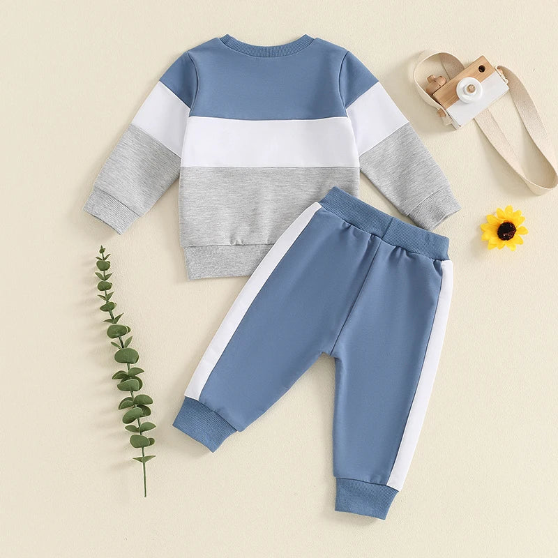 2024-05-27 Lioraitiin Toddler Boy Pants Set Long Sleeve Round Neck Sweatshirt Drawstring Long Pants Contrast Color Outfits
