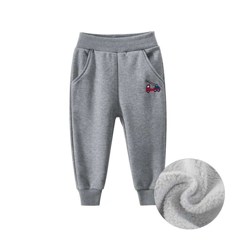 Children Trousers for Boys 2024 Autumn Winter Fleece Thickening Truck Cartoon Blue Grey Sport Casual Long Pants for 1-9 Years