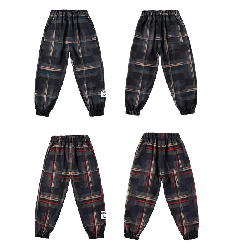 Boys Casual Plaid Pants Spring Autumn Girls Drawstring Kids Trend Trousers Fashion Teen Sport Thin Pants 4-12 Years