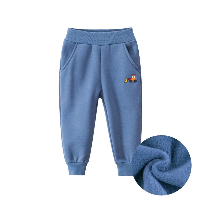 Children Trousers for Boys 2024 Autumn Winter Fleece Thickening Truck Cartoon Blue Grey Sport Casual Long Pants for 1-9 Years