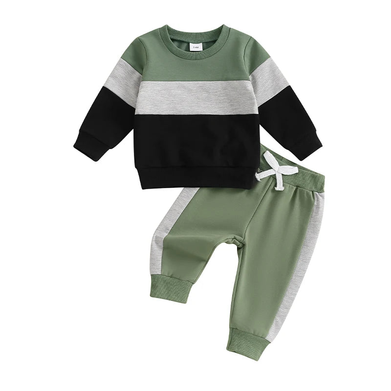 2024-05-27 Lioraitiin Toddler Boy Pants Set Long Sleeve Round Neck Sweatshirt Drawstring Long Pants Contrast Color Outfits