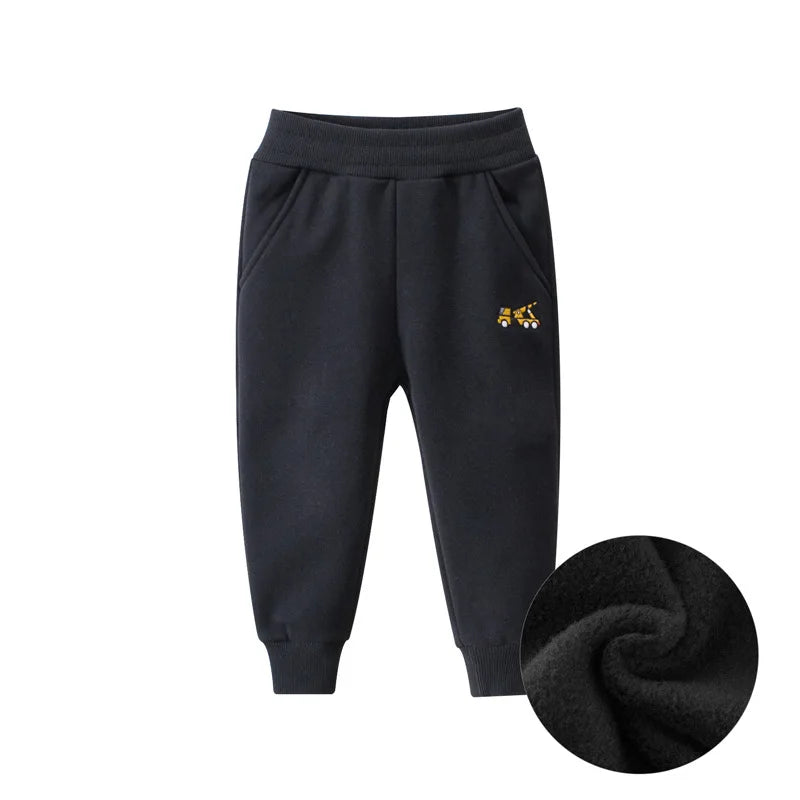 Children Trousers for Boys 2024 Autumn Winter Fleece Thickening Truck Cartoon Blue Grey Sport Casual Long Pants for 1-9 Years