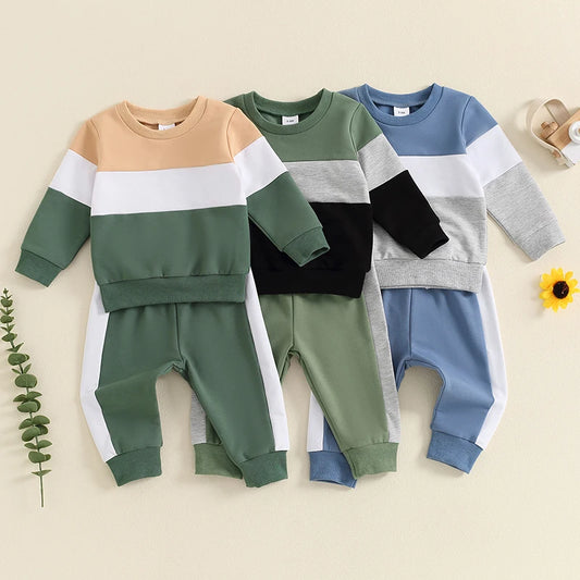 2024-05-27 Lioraitiin Toddler Boy Pants Set Long Sleeve Round Neck Sweatshirt Drawstring Long Pants Contrast Color Outfits
