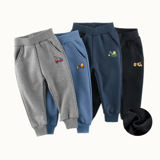 Children Trousers for Boys 2024 Autumn Winter Fleece Thickening Truck Cartoon Blue Grey Sport Casual Long Pants for 1-9 Years