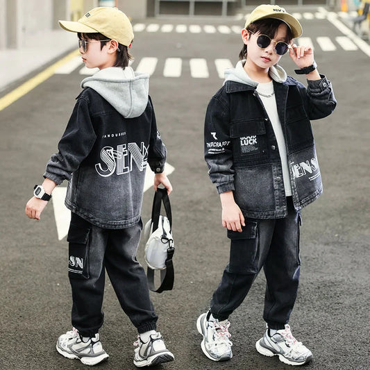 Boys Coat +Pants Kids Suits Cotton 2PCS/Set 2024 Jean Spring Autumn Cotton Sport Teenagers Children Clothing