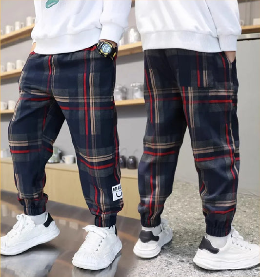 Boys Casual Plaid Pants Spring Autumn Girls Drawstring Kids Trend Trousers Fashion Teen Sport Thin Pants 4-12 Years